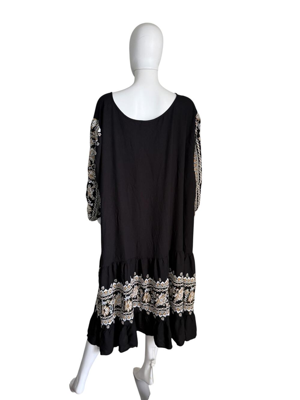 Black Boho Embroidered Midi Dress